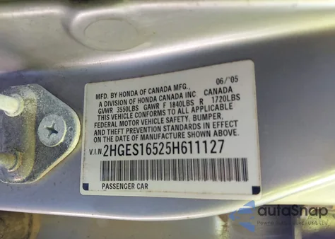 2005 Honda Civic Lx from USA, damaged, VIN 2HGES16525H611127